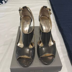Grey Patent Leather heels trimmed in Gold